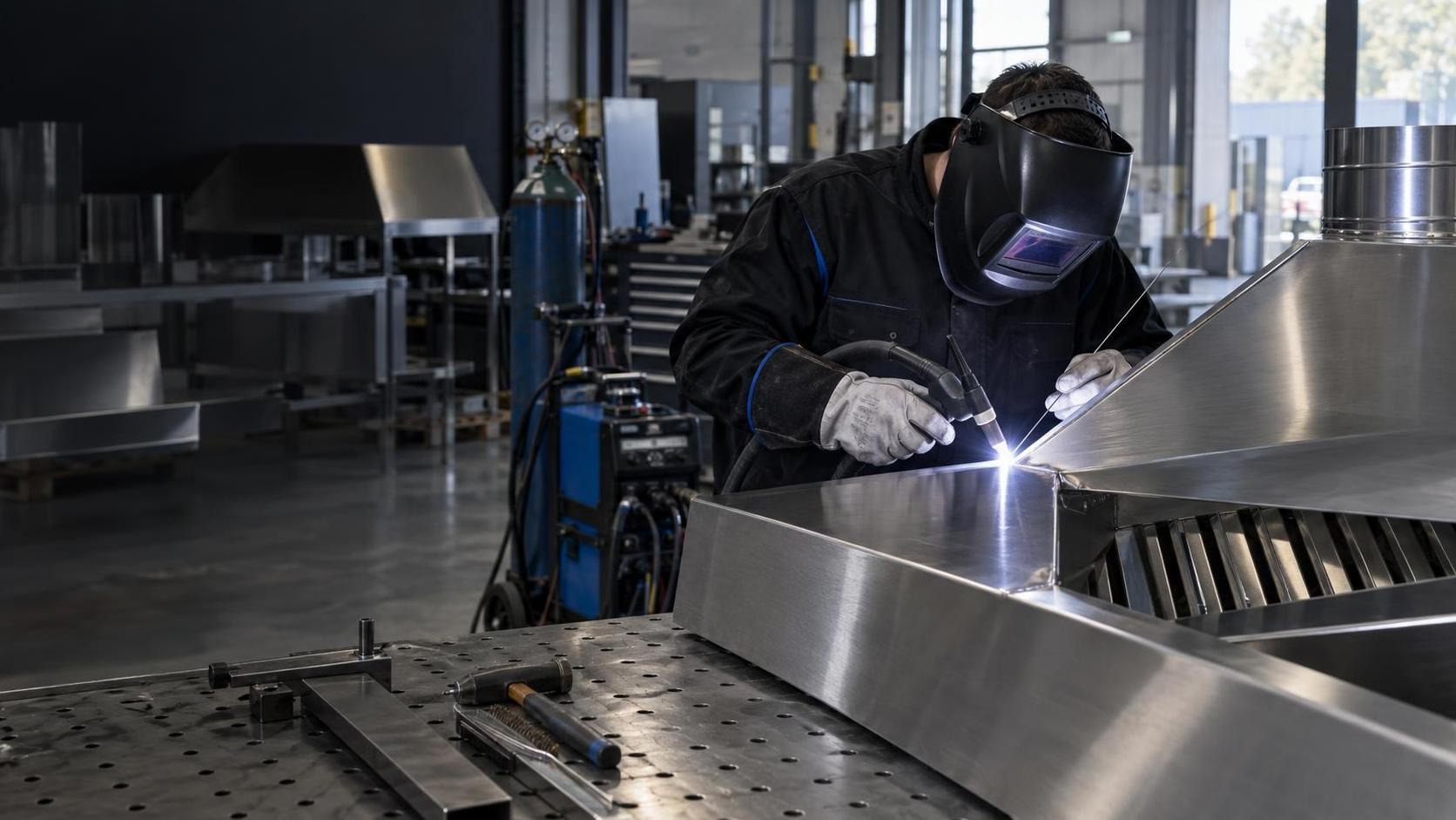 Fabricator welding a custom stainless-steel commercial kitchen hood component