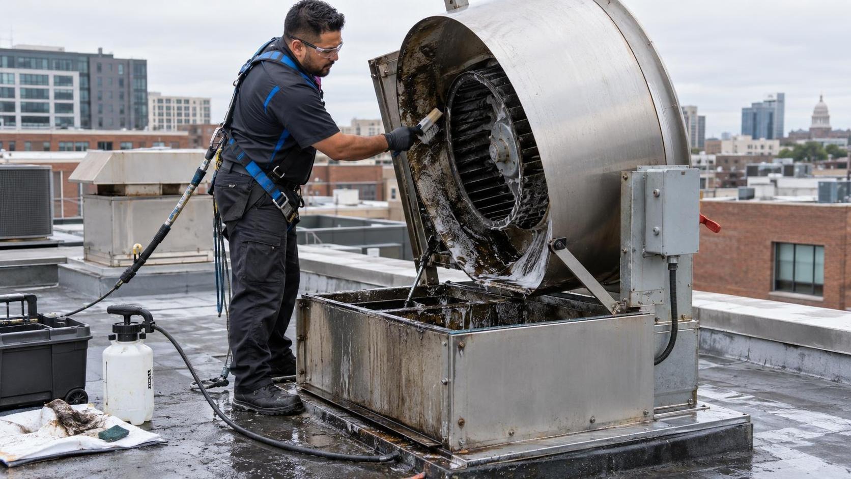 Technician cleaning a commercial rooftop exhaust fan